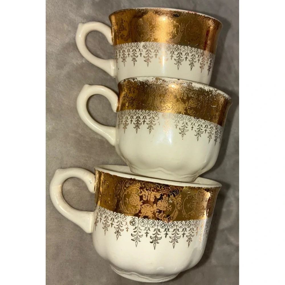 Vintage Vogue Gold Filigree Teacup White Floral 22k Gold Homer Laughlin Lot Of 3